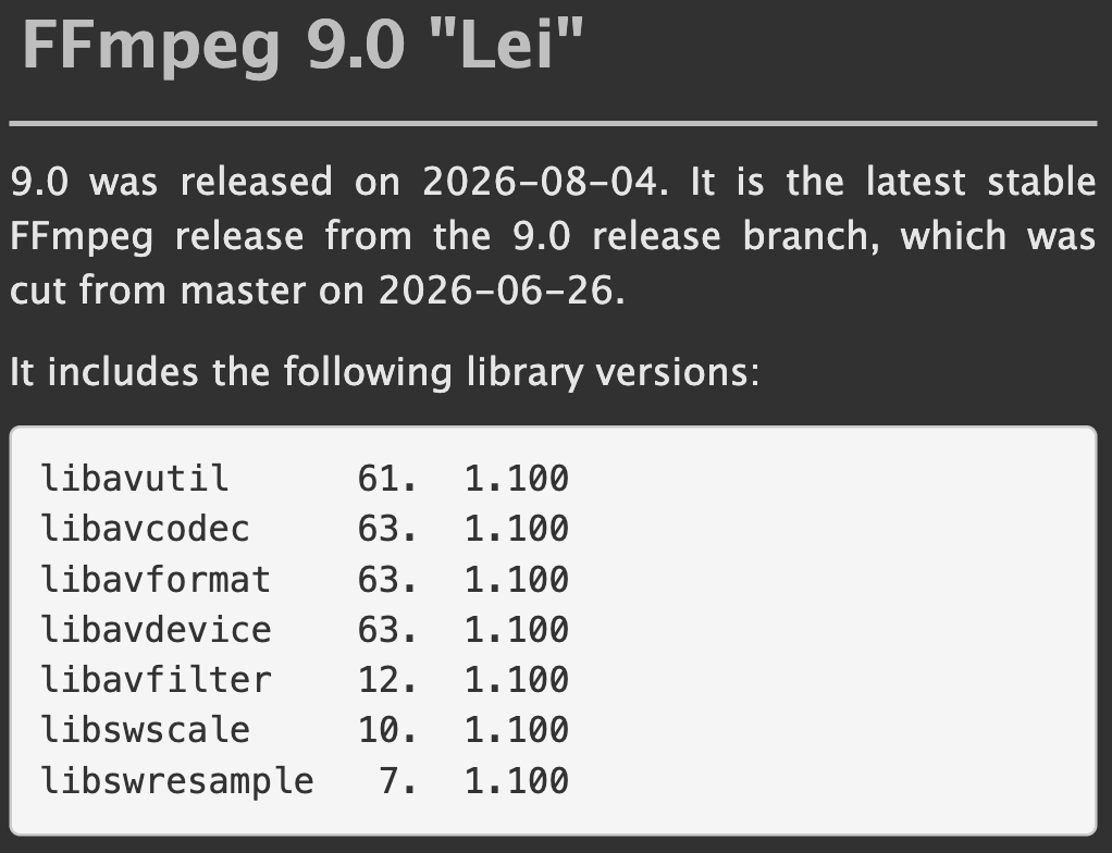 FFmpeg 9.0 Lei 版本信息及库版本