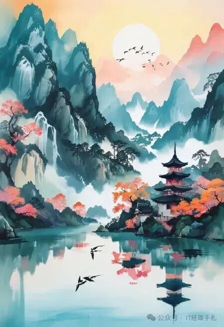 中国水墨风格山水画,山间有瀑布、古塔,湖面倒映着塔与树,天空中有圆月与飞鸟