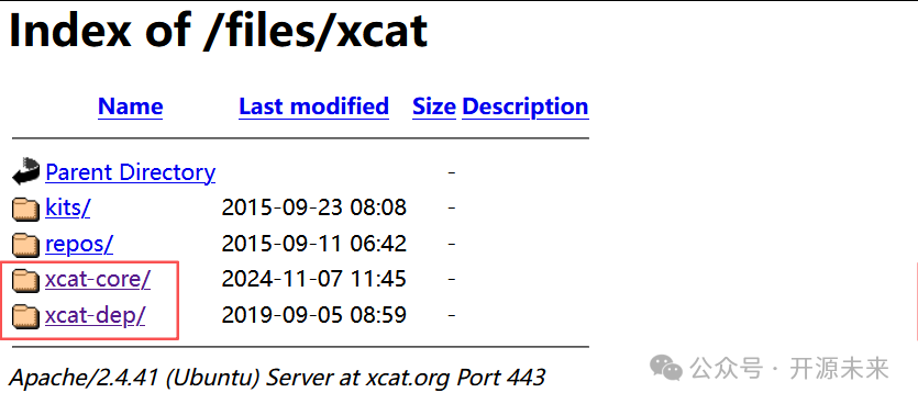 xcat.org 文件列表页，显示 xcat-core 和 xcat-dep 目录
