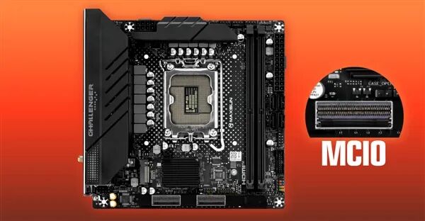 MS-Challenger MCIO ITX 主板宣传图,突出橙色区域的 MCIO 接口