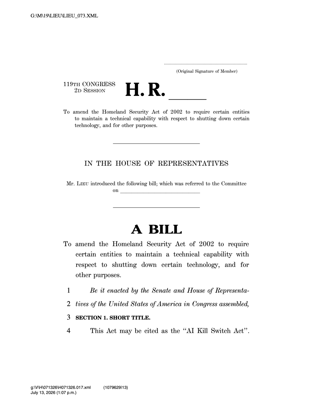 一份美国众议院法案文件的截图,标注了法案编号与“AI Kill Switch Act”的简称