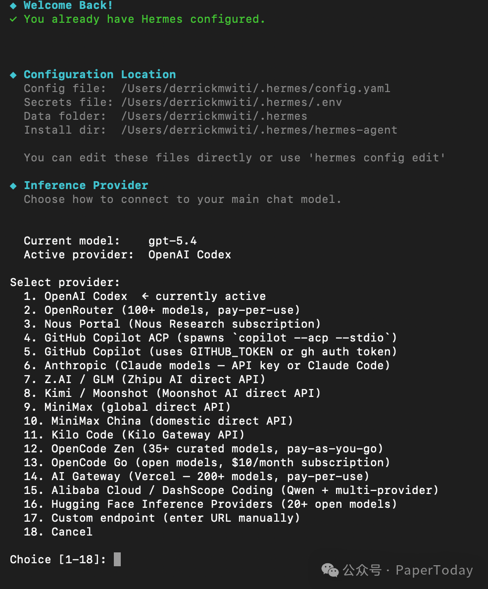Hermes Agent模型与提供商选择菜单