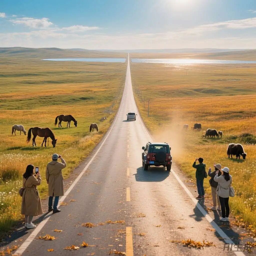 混元生成的金秋草原公路，动物与湖泊