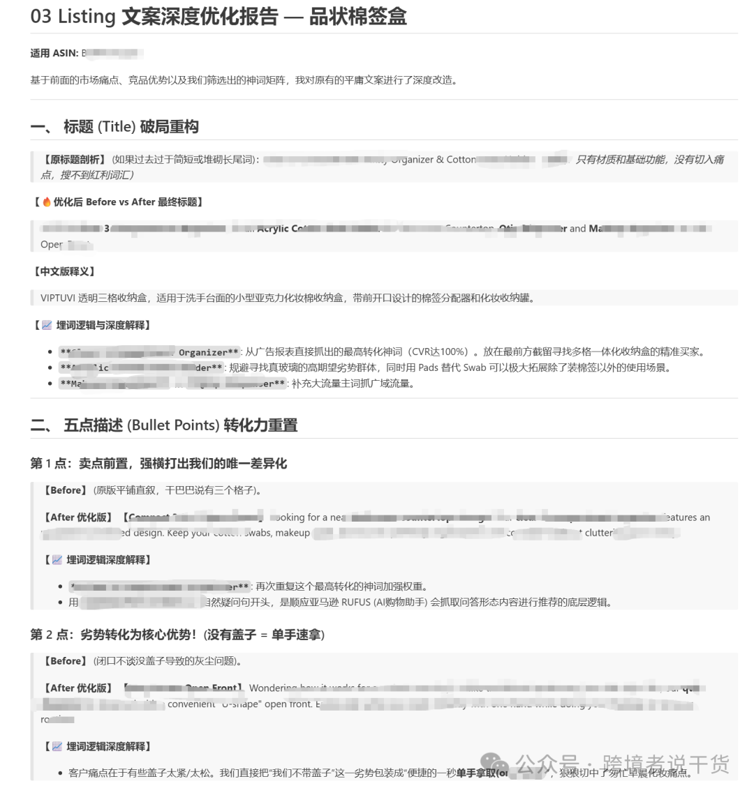 文案优化报告截图，展示标题和五点描述的Before/After对比