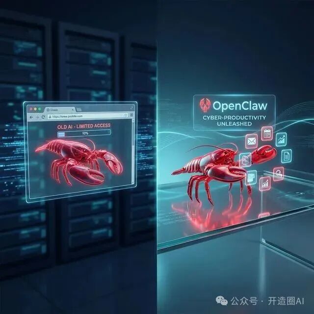 新旧AI系统对比示意图：左侧为受限的传统AI，右侧为自由行动的OpenClaw
