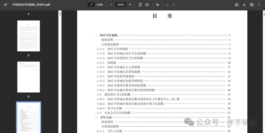 《中国卫生健康统计年鉴》PDF目录截图