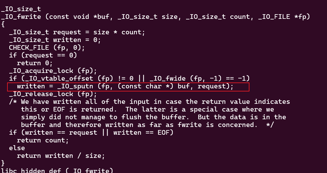 _IO_fwrite函数源码，关键调用_IO_sputn