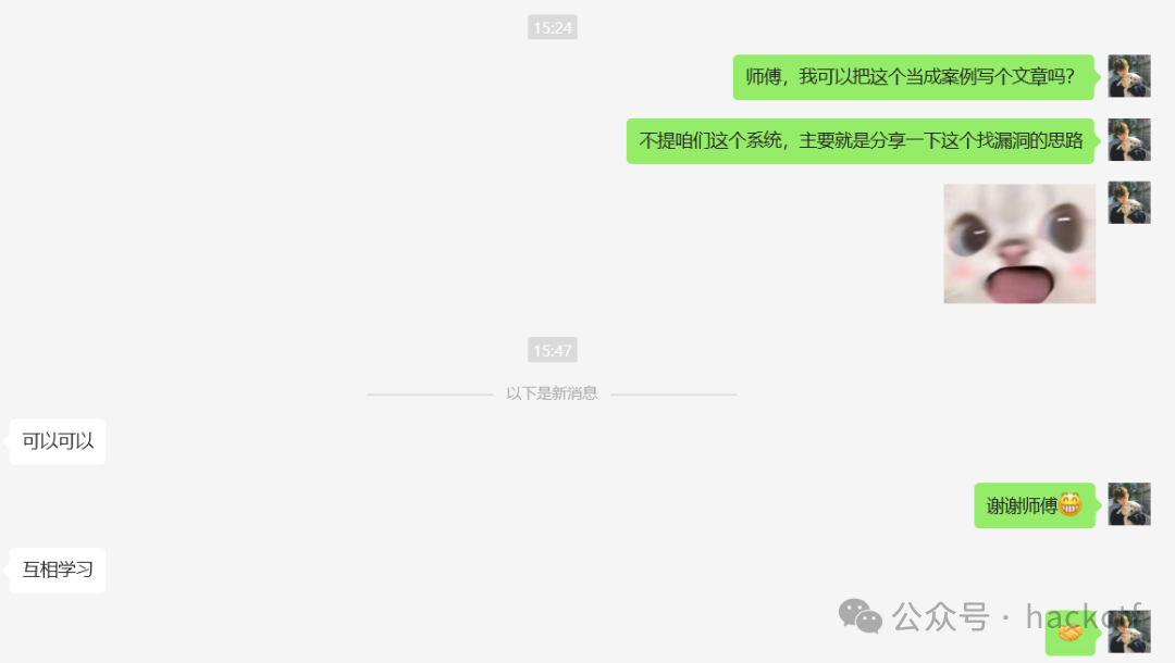 与师傅沟通分享思路的聊天截图