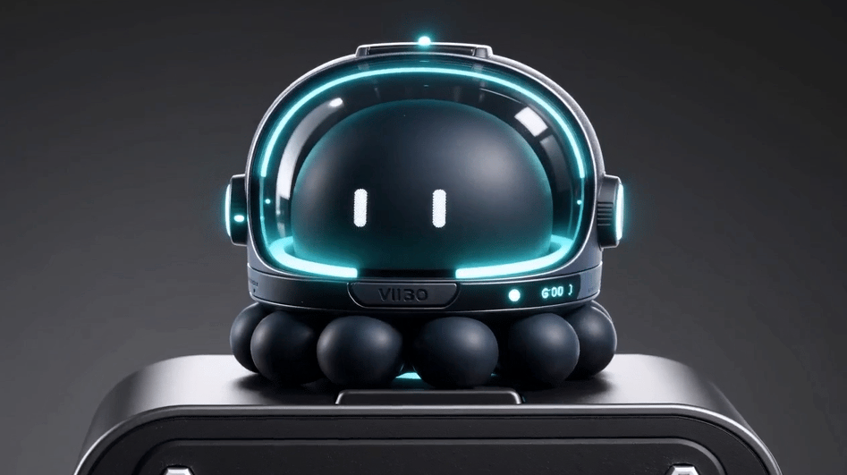 科幻风格的机器人头部特写，带有发光头盔