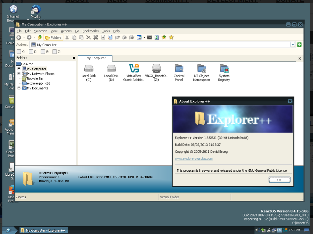 ReactOS中运行Explorer++文件管理器