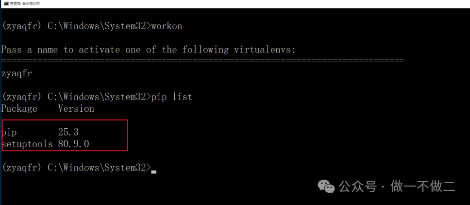 在虚拟环境中使用pip list命令，显示仅有两个基础包