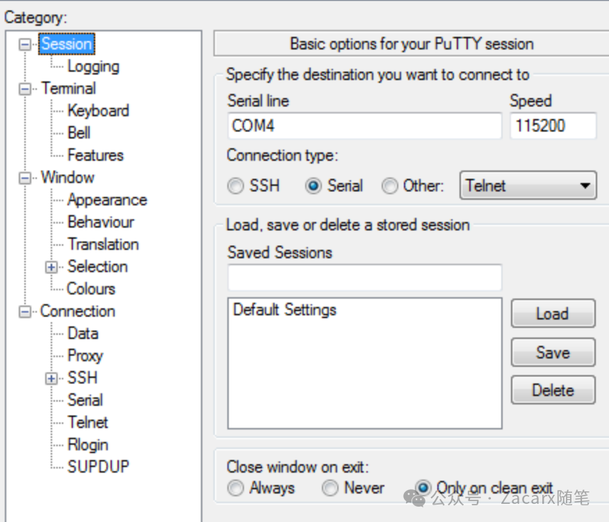 PuTTY串口会话配置界面,设置COM4与115200波特率