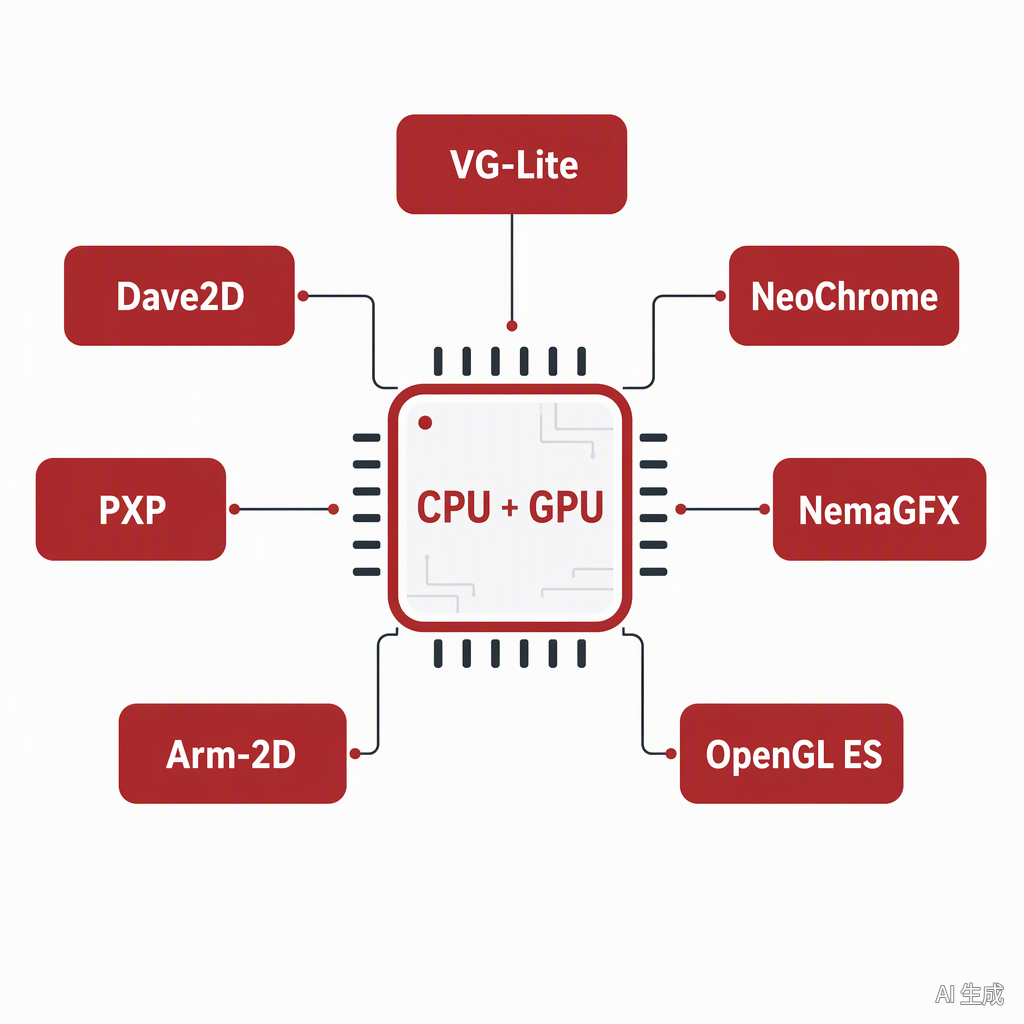 LVGL 支持的 GPU 加速器矩阵,中心为 CPU + GPU,周围环绕七个加速器名称