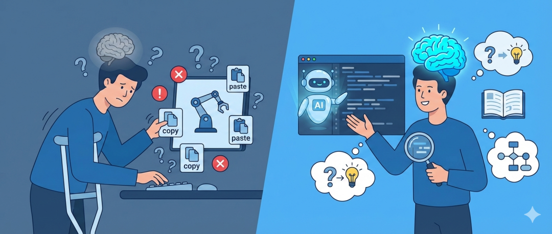人类与AI协作编程对比插画