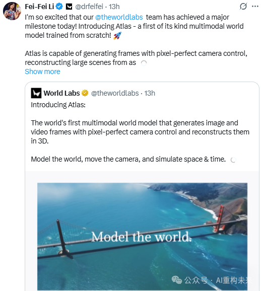 李飞飞与World Labs发布Atlas多模态世界模型推文截图