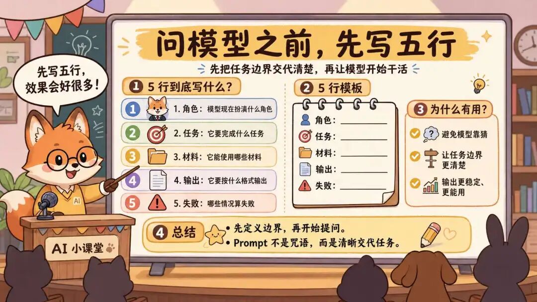 AI小课堂教学插画,讲解Prompt五行动作框架:角色、任务、材料、输出、失败