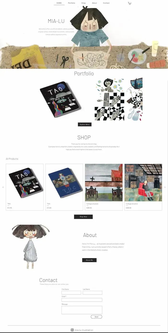 原始艺术家网站 Mia-Lu 的首页截图