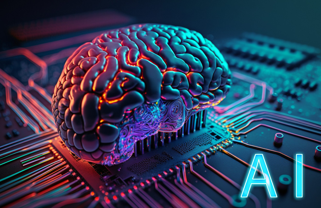 象征人工智能的发光大脑与电路板
