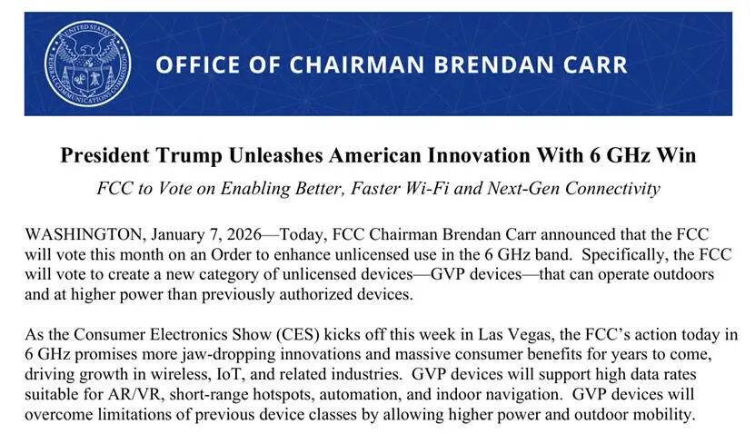 FCC主席Brendan Carr宣布6 GHz频段GVP设备投票的新闻稿