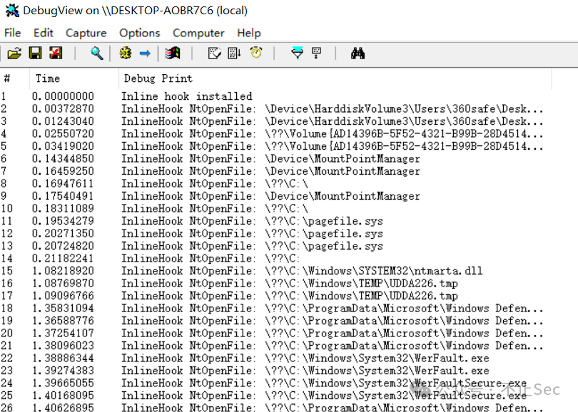 DebugView显示Hook拦截到的文件打开操作