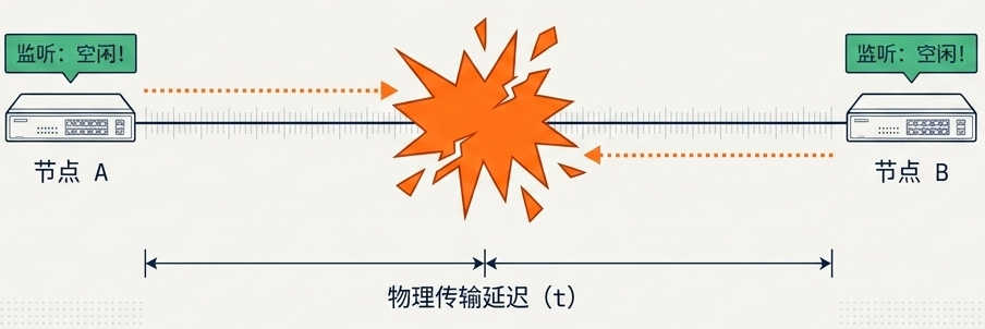 网络节点A与B同时监听空闲发生信号冲突示意图