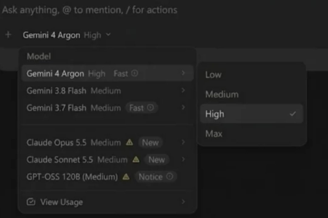 Antigravity 模型选择器中已出现 Gemini 4 Argon High
