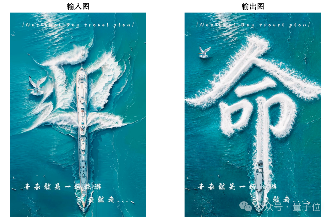 创意海报:左侧蓝色海面上白船浪花组成‘卫’字,右侧相同场景浪花组成‘命’字,配有‘青春就是一场旅游’手写体