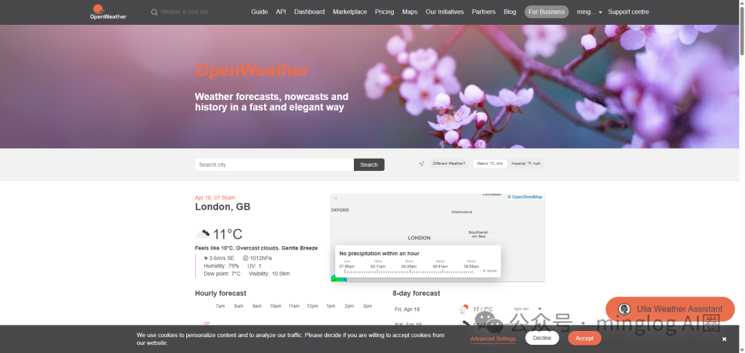 OpenWeather网站首页截图，包含天气信息展示和API导航菜单