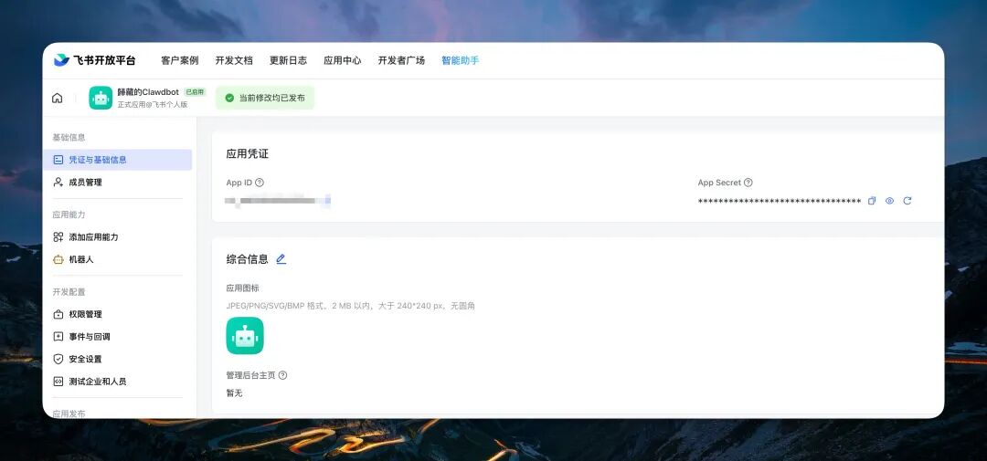 飞书应用凭证信息页面