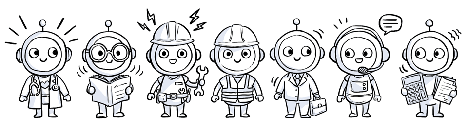 代表不同职业的卡通机器人角色队列