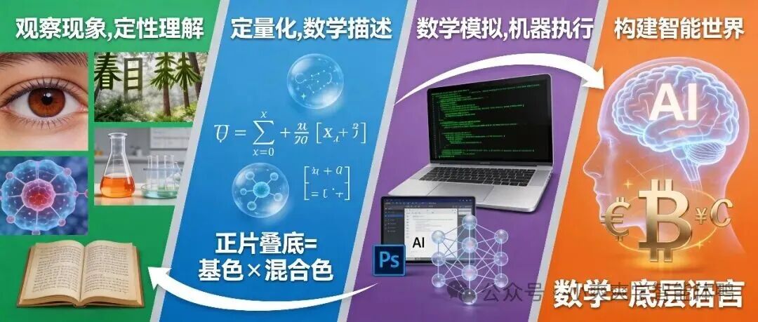 从观察现象到构建智能世界的四步流程：定性理解、数学描述、机器执行、构建世界