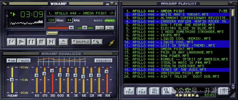 Winamp 播放器经典界面：播放控制、均衡器与播放列表