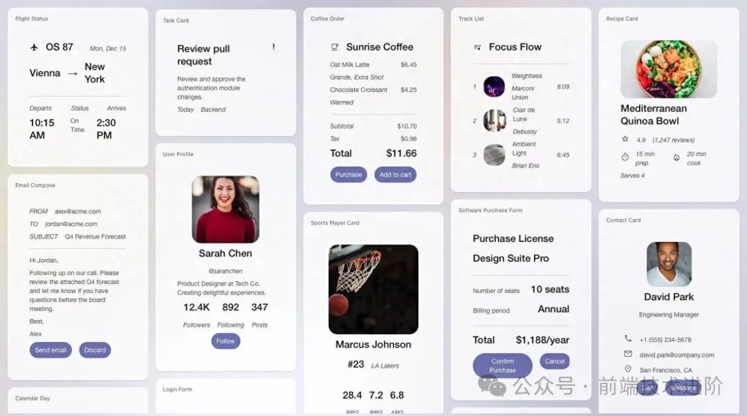A2UI应用示例：从航班信息到购买表单的多样化交互界面