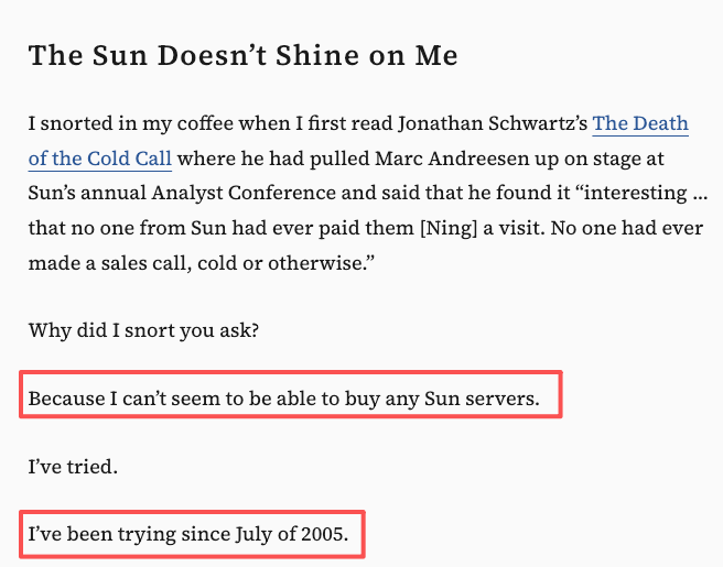 The Sun Doesn't Shine on Me 博客截图:Jason Hoffman 记录购买 Sun 服务器失败的经历