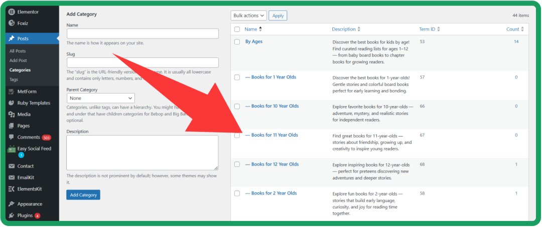 WordPress后台分类管理界面截图,展示已创建的年龄分类