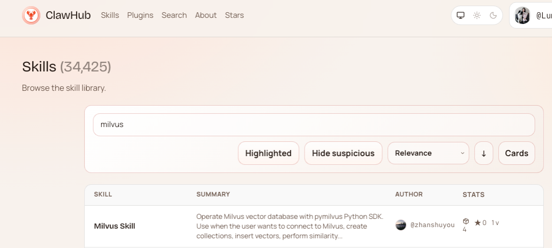 ClawHub Skills 平台搜索 Milvus Skill 结果