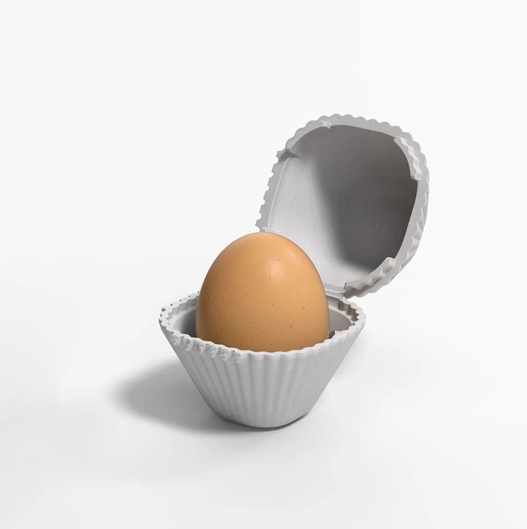 打开的浅灰色蛋形包装盒与内部的棕色鸡蛋