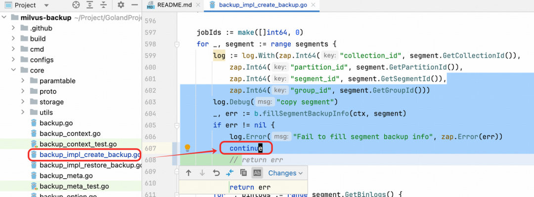 Go代码片段：跳过错误Segment