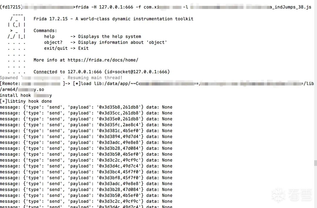 Frida运行输出，显示捕获的跳转地址对