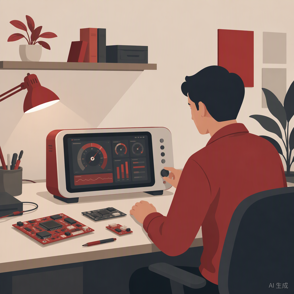 工程师在暖色调工作台前调试带彩色屏幕的嵌入式设备,屏幕显示精致仪表盘