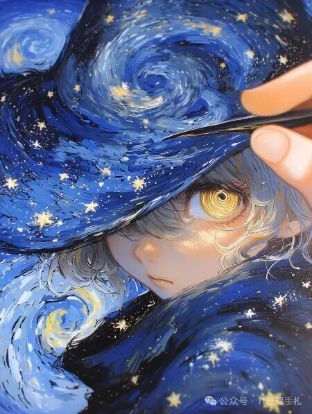 银发少女戴着一顶巨大的蓝色宽边帽，帽身与背景都是梵高星夜风格的旋转漩涡和金色星星，她神情宁静，一只眼睛呈金色螺旋状