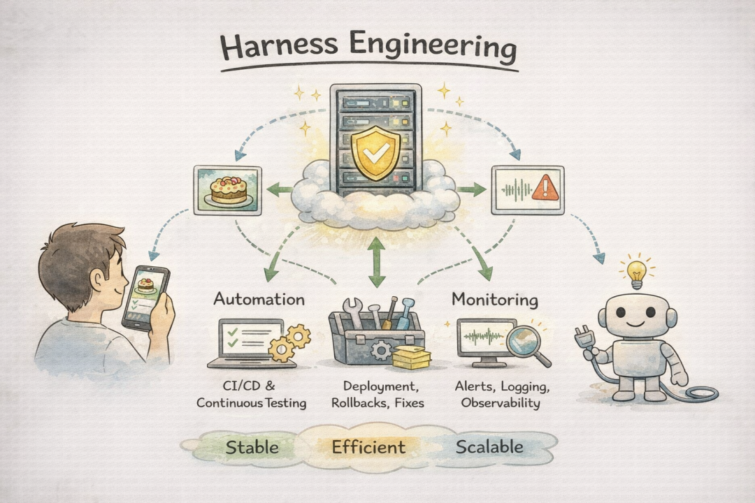 Harness Engineering示意图：涵盖自动化、CI/CD、监控、告警等工程实践