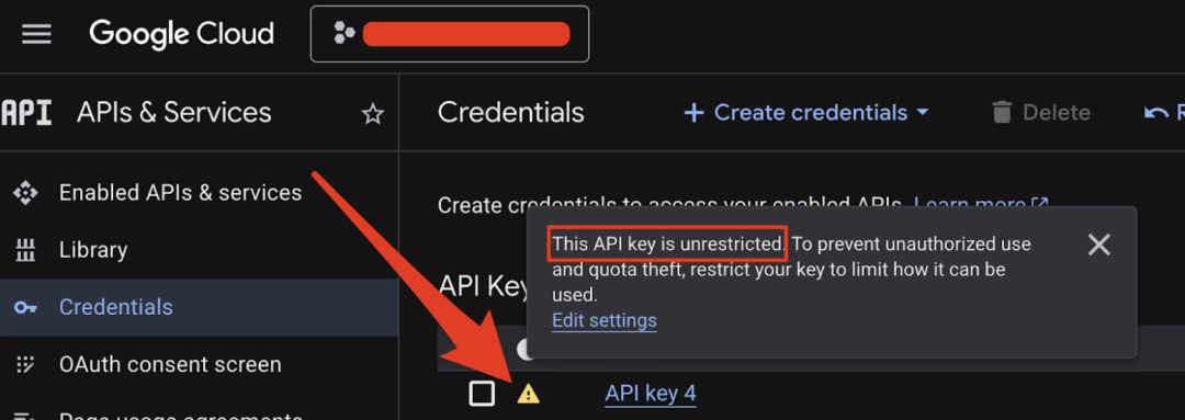 GCP控制台中检查API密钥限制状态