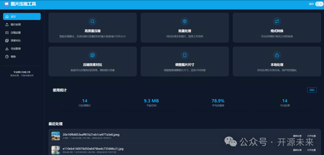 图片压缩工具主界面，展示高质量压缩、批量处理等功能模块与使用统计