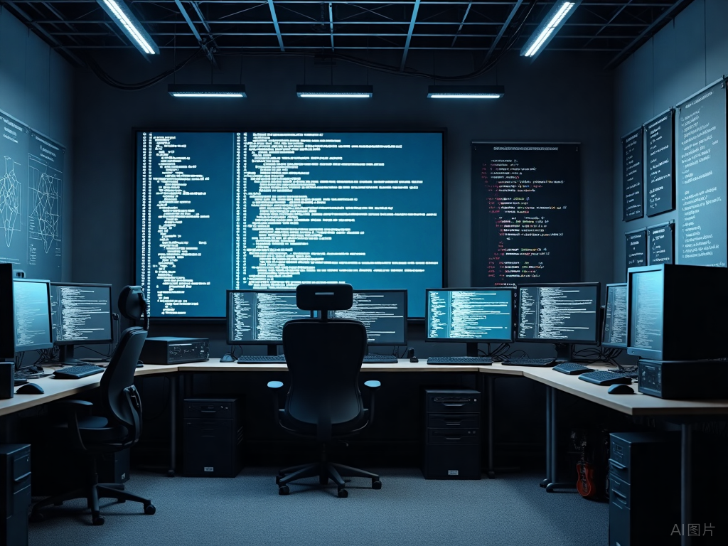 布满代码屏幕的未来感控制室