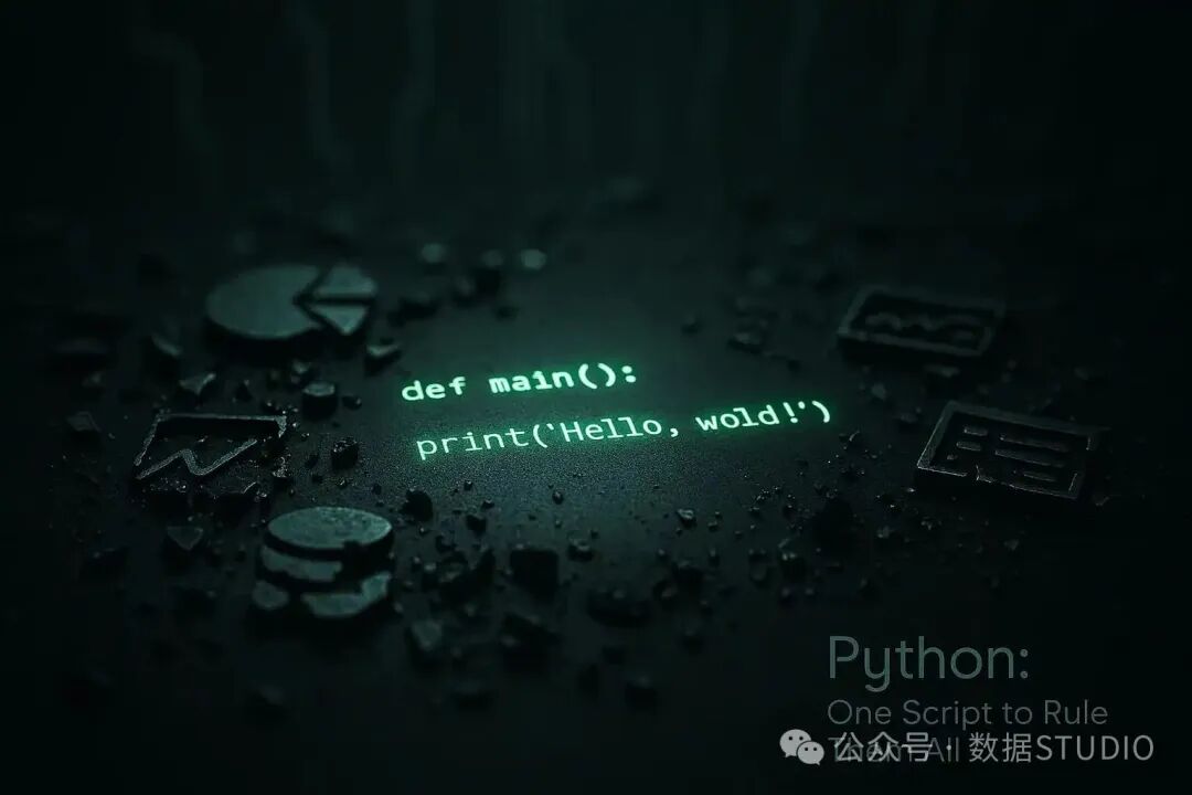 深色背景下的发光Python代码：def main(): print('Hello, world!')