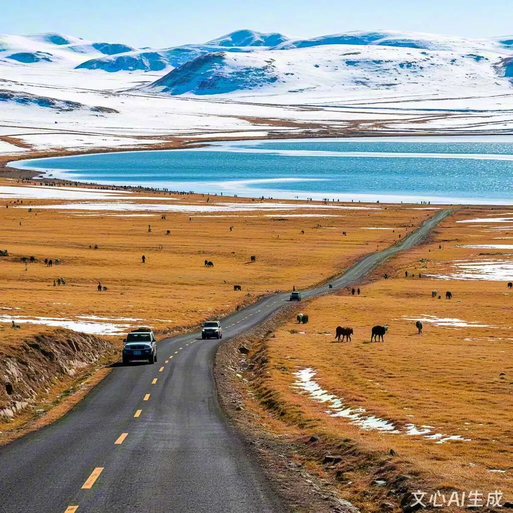 文心一言生成的夏季草原公路图，绿草如茵，马匹悠闲