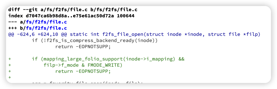 f2fs文件打开函数中增加写模式检查的代码diff截图
