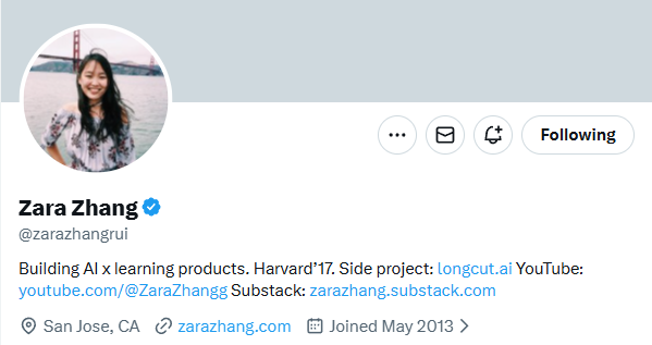 博主Zara Zhang的社交媒体个人资料截图