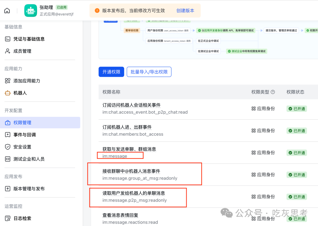 机器人权限管理页面,红框标注关键权限如“接收群聊中@机器人消息事件”